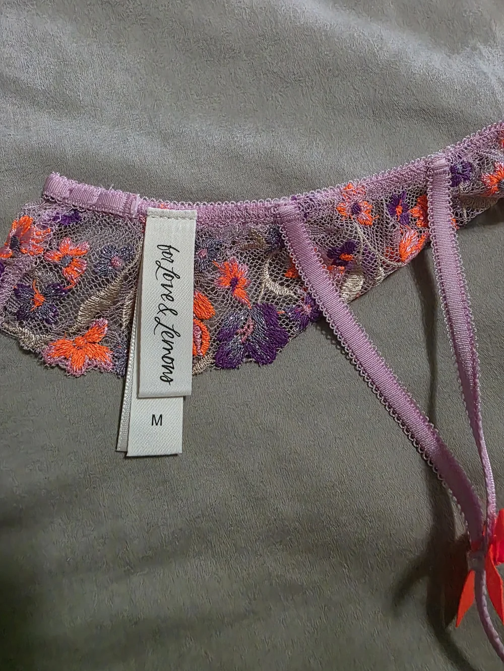 For Love & Lemons Lavender Floral Embroidered Lingerie Set with Neon Accents